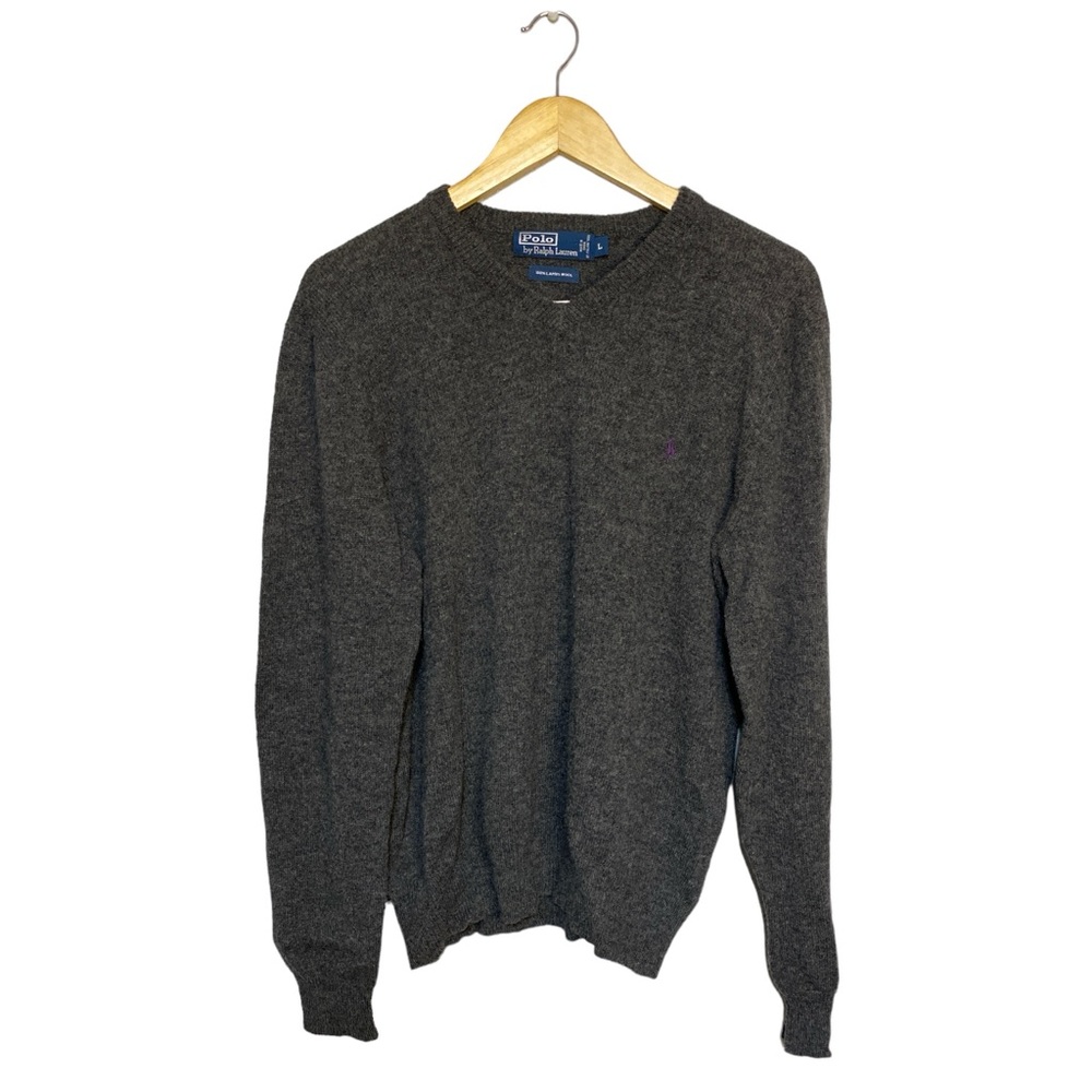 Polo Ralph Lauren Men's Pullover V Neck Sweater 100% Lambswool Size L Gray